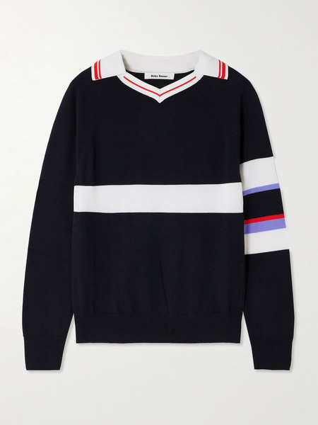  Wales Bonner Wales Bonner - Calm Striped Wool And Silk-blend Sweater - Navy 