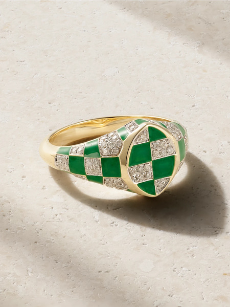  Yvonne Léon Yvonne Léon - Baby Chevalière Marquise 9-karat Yellow And White Gold, Enamel And Diamond Signet Ring - 3 