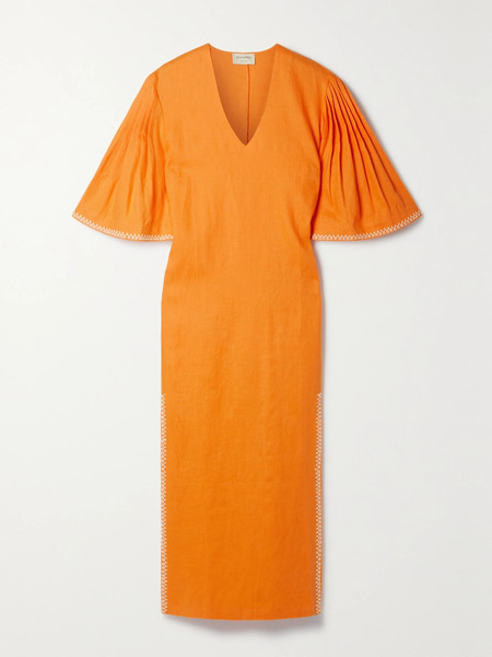  Zeus + Dione Zeus + Dione - Kymi Embroidered Linen Midi Dress - Orange 