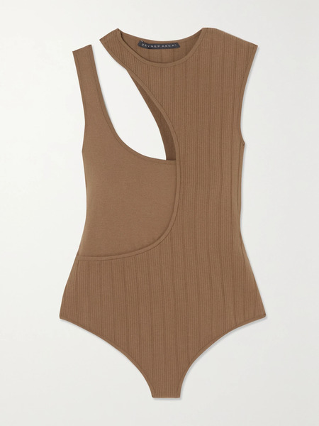  Zeynep Arcay Zeynep Arcay - Cutout Ribbed Stretch-knit Bodysuit - Camel 