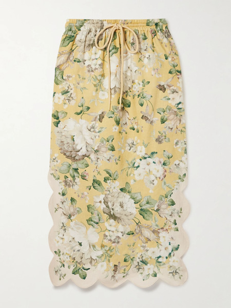  Zimmermann Zimmermann - Acacia Scalloped Floral-print Linen Midi Skirt - Yellow 