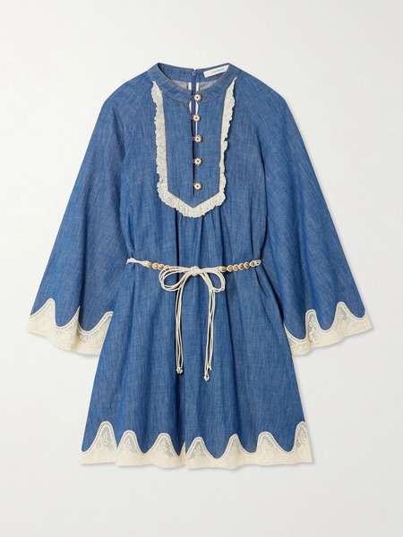  Zimmermann Zimmermann - Awaken Belted Lace-trimmed Denim Mini Dress - Mid Denim 
