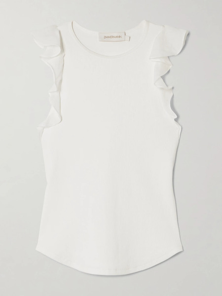  Zimmermann Zimmermann - Awaken Ruffled Ribbed Cotton-blend Jersey Tank - Ivory 