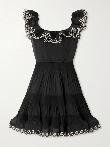 Zimmermann Zimmermann - Belted Embroidered Ruffled Pleated Organza Mini Dress - Black 