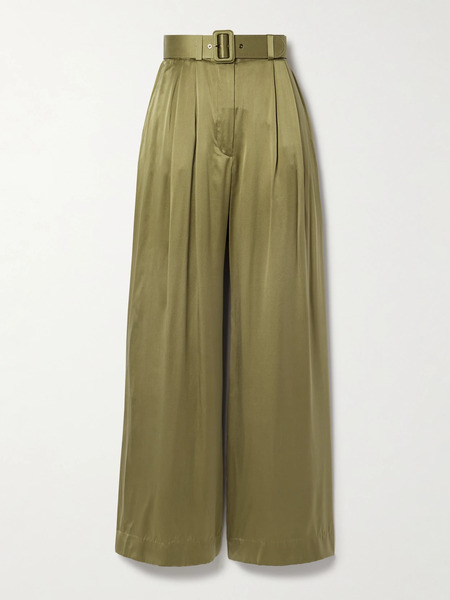  Zimmermann Zimmermann - Belted Pleated Silk-satin Wide-leg Pants - Green 