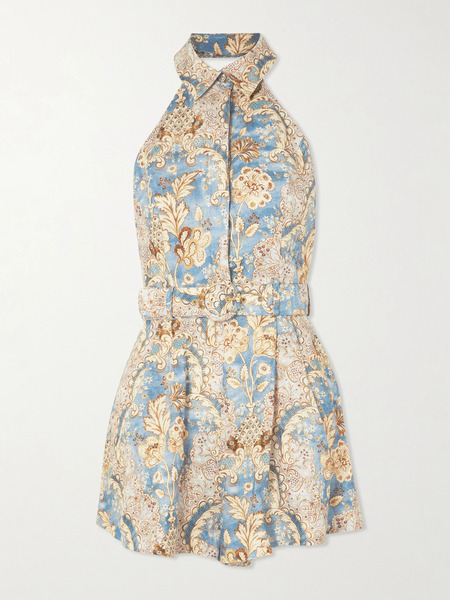  Zimmermann Zimmermann - Daylight Belted Printed Linen Halterneck Playsuit - Light Blue 