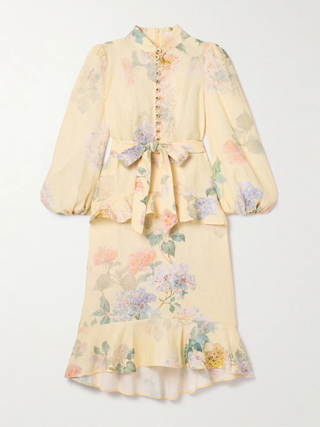  Zimmermann Zimmermann - Illuminate Belted Ruffled Floral-print Linen Midi Dress - Yellow 