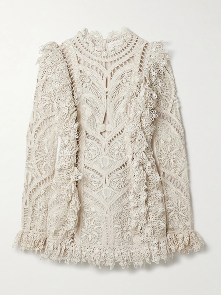  Zimmermann Zimmermann - Illuminate Cornelli Ruffled Linen And Silk-blend Guipure Lace Mini Dress - Cream 