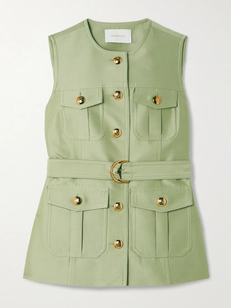  Zimmermann Zimmermann - Luna Belted Wool And Silk-blend Vest - Green 