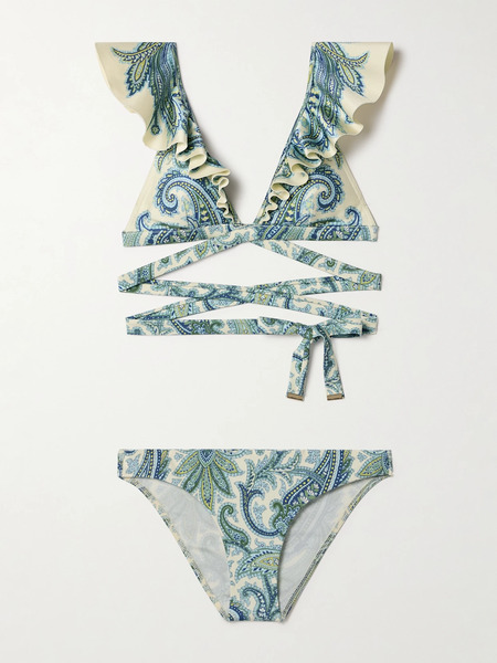  Zimmermann Zimmermann - Ottie Tie-front Ruffled Paisley-print Bikini - Green 