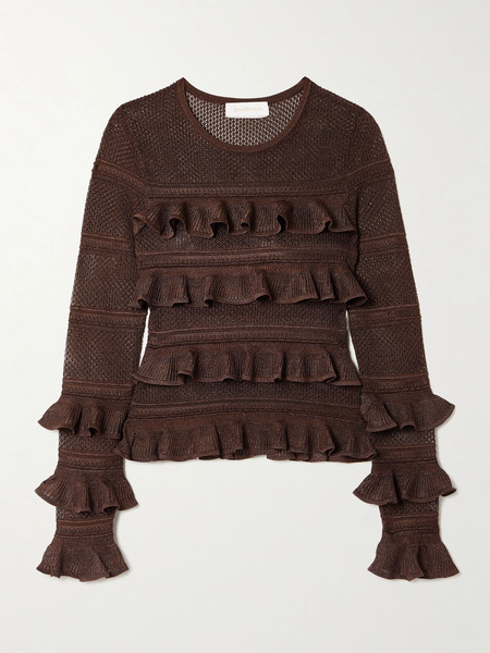  Zimmermann Zimmermann - Ruffled Metallic Pointelle-knit Top - Chocolate 