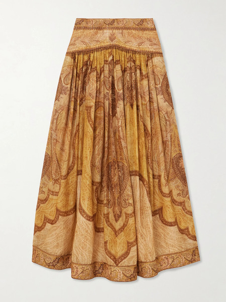  Zimmermann Zimmermann - Wanderlust Gathered Printed Cotton-blend Maxi Skirt - Mustard 