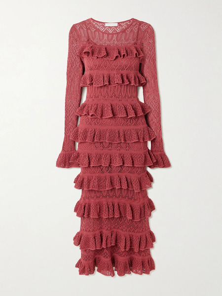 Zimmermann Zimmermann - Wanderlust Ruffled Open-knit Maxi Dress - Brick 