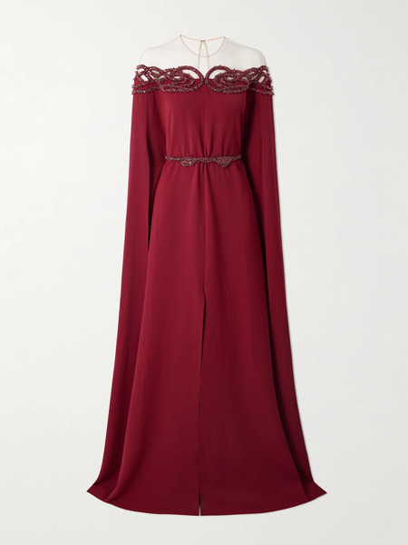  Zuhair Murad Zuhair Murad - Cape-effect Embellished Cady Gown - Burgundy 