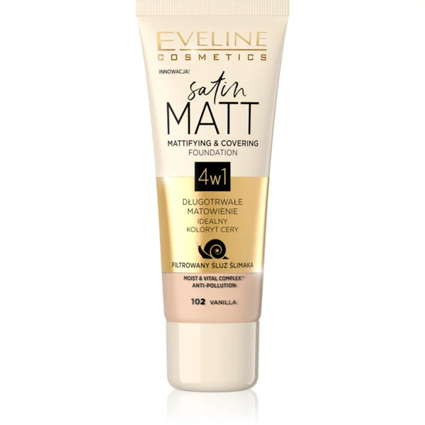  Eveline Cosmetics Satin Matt Podkład Matujący Z Ekstraktem Ze śluzu ślimaka Odcień 102 Vanilla 30 Ml 