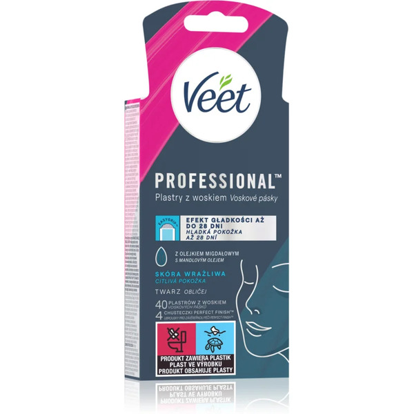  Veet Professional Plastry Z Woskiem Do Depilacji Twarzy Dla Cery Wrażliwej 40 Szt. 