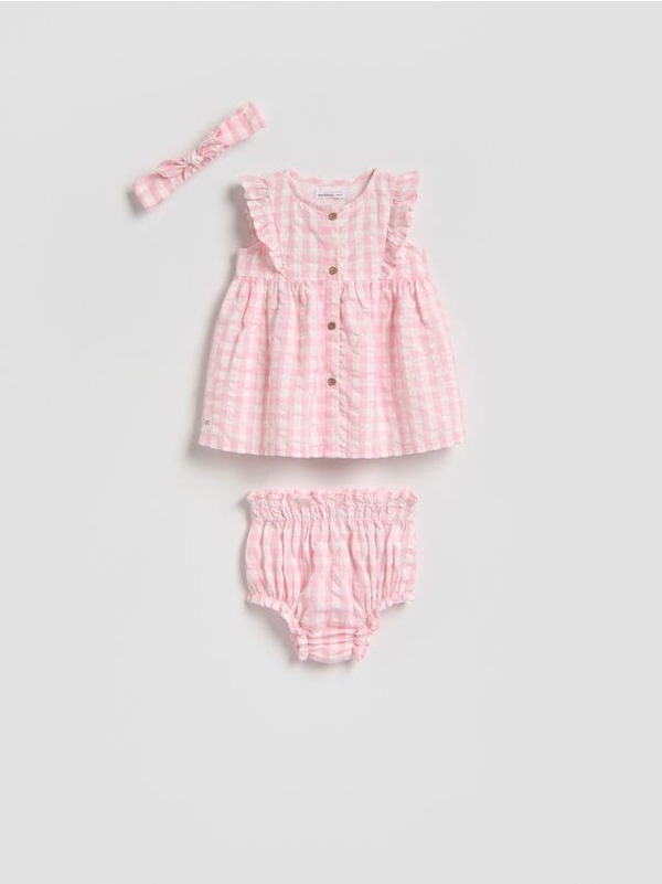  Reserved - Bawełniany Komplet Z Opaską - Różowy 
