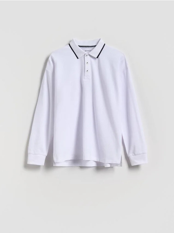  Reserved - Bawełniany Longsleeve Polo - Biały 