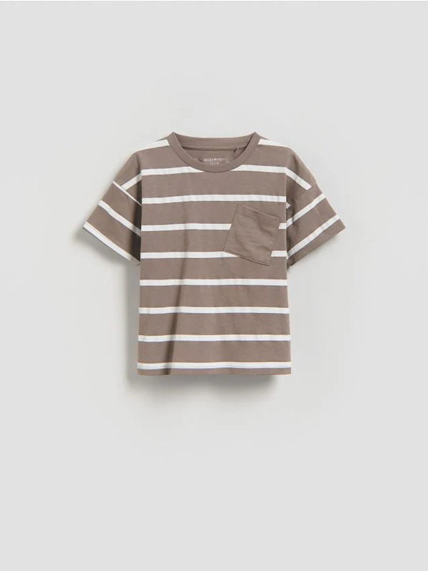  Reserved - Bawełniany T-shirt W Paski - Brązowy 