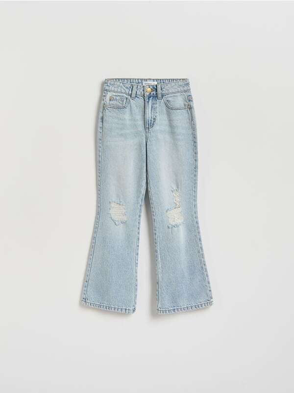  Reserved - Jeansy Bootcut Z Przetarciami - Niebieski 