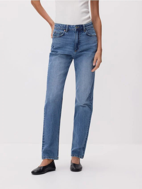  Reserved - Jeansy Mom Fit Slim Z Dłuższą Nogawką - Niebieski 