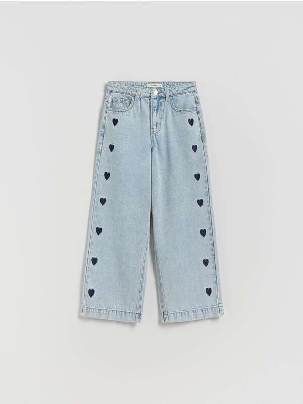 Reserved - Jeansy Wide Leg Z Haftem - Niebieski 