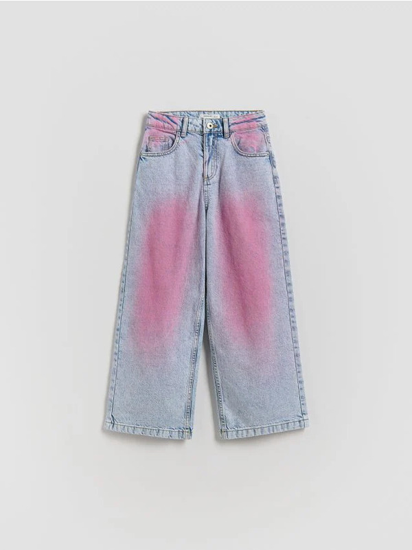  Reserved - Jeansy Wide Leg Z Opraniem - Niebieski 