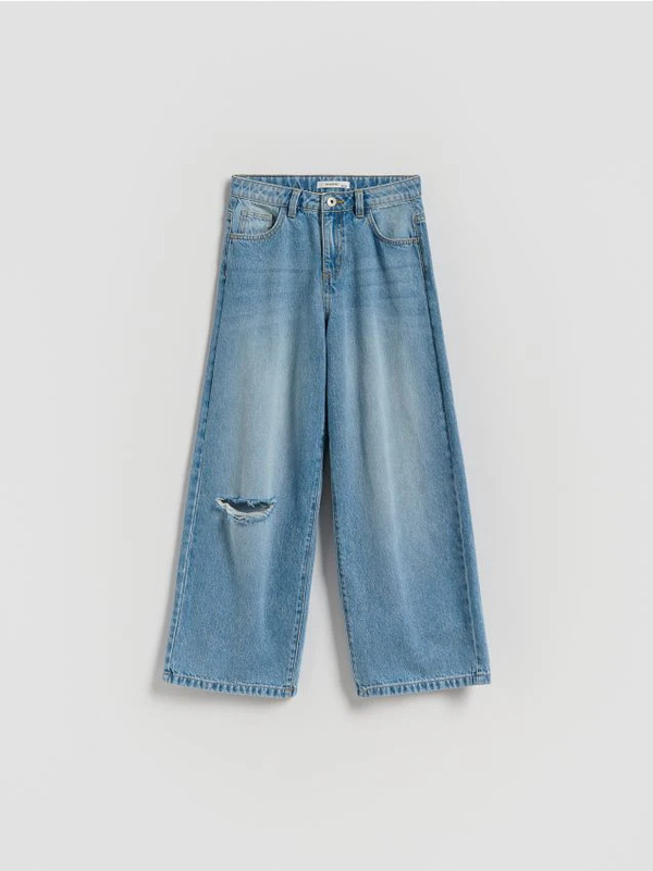  Reserved - Jeansy Wide Leg Z Przetarciem - Niebieski 