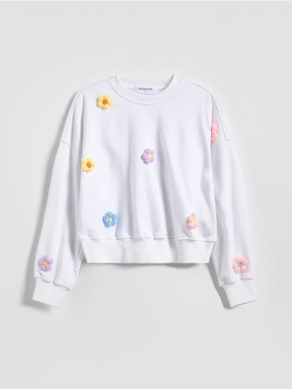  Reserved - Luźna Bluza Z Kwiatkami - Złamana Biel 
