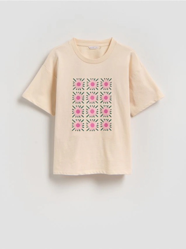  Reserved - Luźny T-shirt Z Haftem - Kremowy 