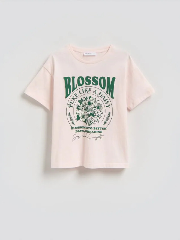  Reserved - Luźny T-shirt Z Nadrukiem - Beżowy 