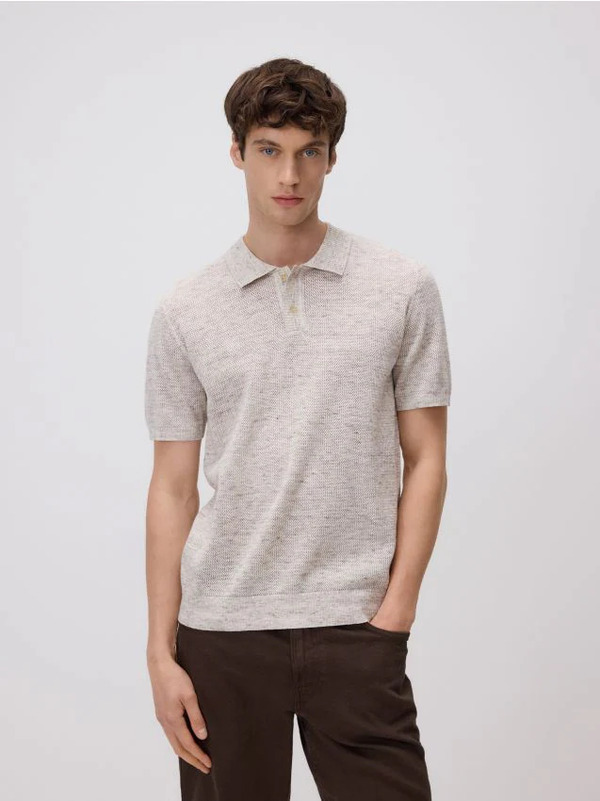  Reserved - Strukturalny Sweter Polo - Beżowy 