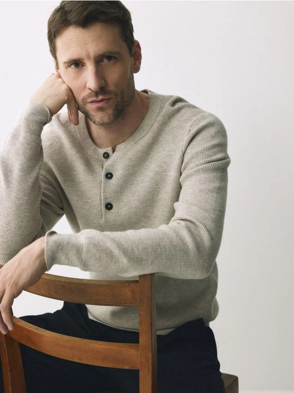  Reserved - Sweter Henley Z Wełną - Beżowy 