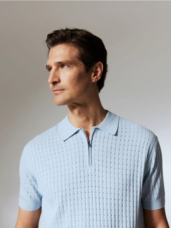  Reserved - Sweter Polo Z Dodatkiem Lnu - Jasnoniebieski 