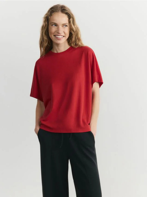  Reserved - T-shirt Oversize Z Modalem - Czerwony 