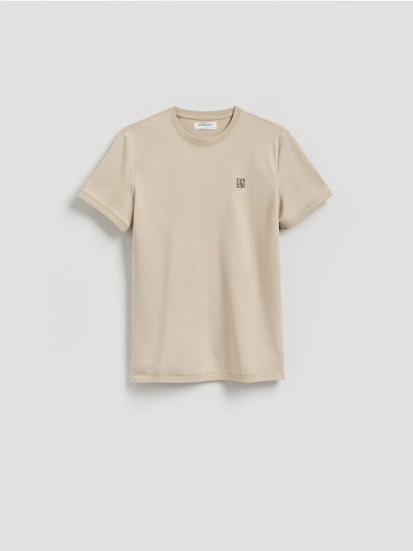 Reserved - T-shirt Slim Fit Z Haftem - Beżowy 