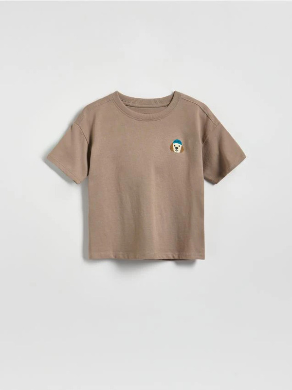  Reserved - T-shirt Z Haftem - Brązowy 