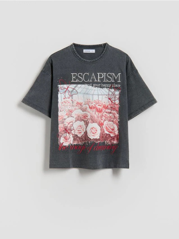  Reserved - T-shirt Z Nadrukiem - Ciemnoszary 