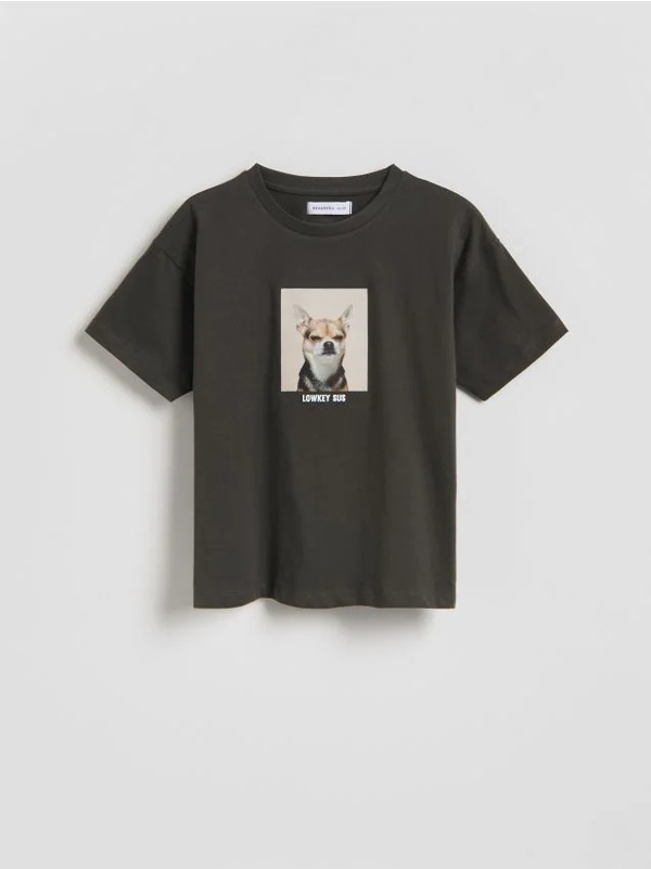  Reserved - T-shirt Z Nadrukiem - Ciemnoszary 