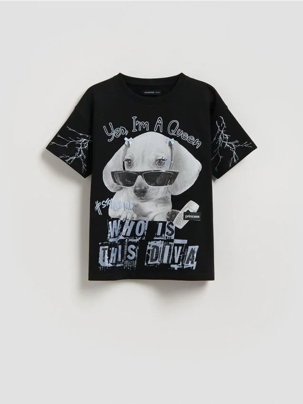  Reserved - T-shirt Z Nadrukiem - Czarny 