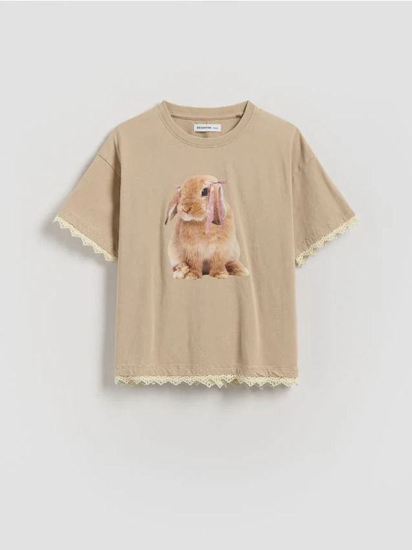  Reserved - T-shirt Z Nadrukiem - Warm Olive 