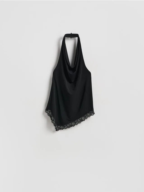  Reserved - Top Halter Z Koronką - Czarny 