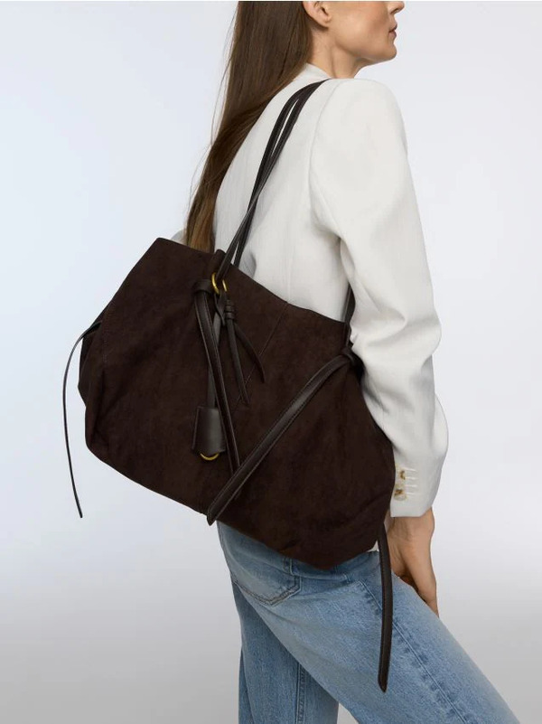  Reserved - Torebka Shopper Z Imitacji Zamszu - Ciemnobrązowy 