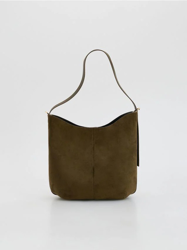  Reserved - Torebka Shopper Z Imitacji Zamszu - Ciemnozielony 