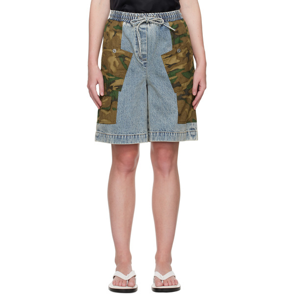  3.1 Phillip Lim Blue & Khaki Patchwork Camo Basketball Denim Cargo Shorts 