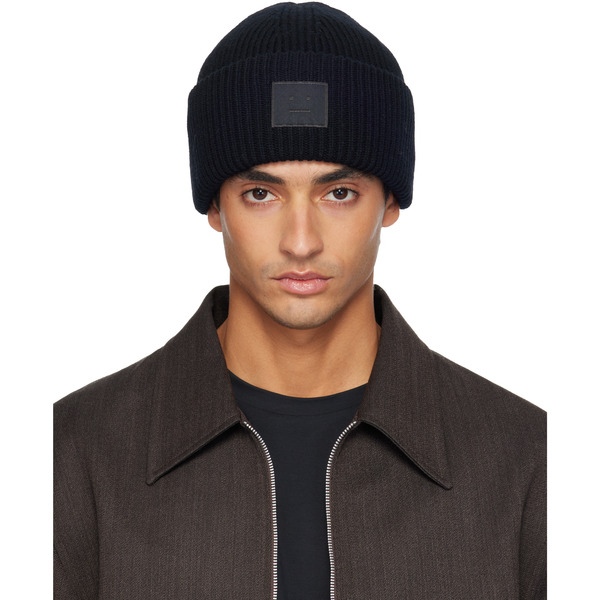  Acne Studios Black Ribbed Face Logo Beanie 
