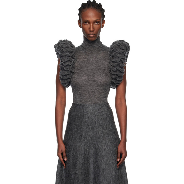  Alaïa Gray Mohair Knit Sculptural Ruffle Bodysuit 