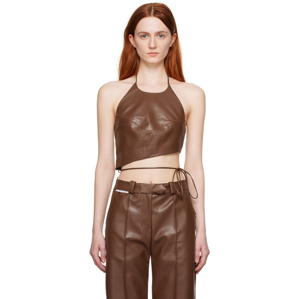  Aleksandre Akhalkatsishvili Brown Halter Faux-leather Tank Top 