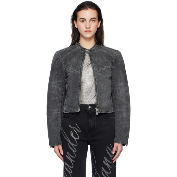  Alexander Wang Gray Crystal Hotfix Moto Denim Jacket 