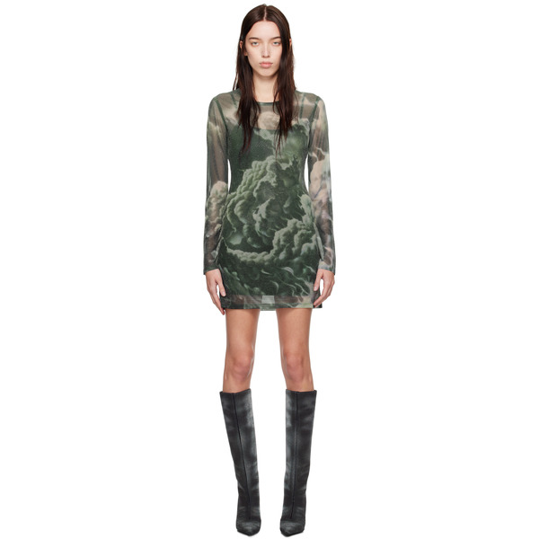  Alexander Wang Green Crystal Hotfix Cloud-print Sheer Minidress 